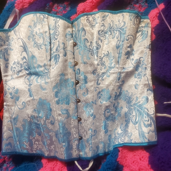 White and Blue Shiney Over Bust Lace Up Corset - Picture 2 of 13